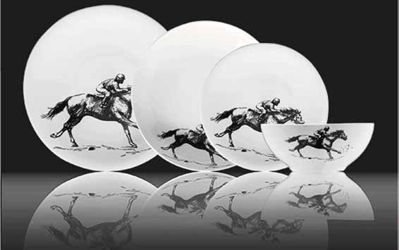 White plates and bowl printed with black horse-racing illustrations